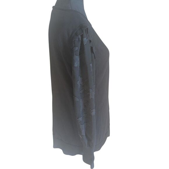 CECE Mixed Media Sweater M Black Sheer Floral Sleeve Cotton Knit Top - Picture 3 of 8